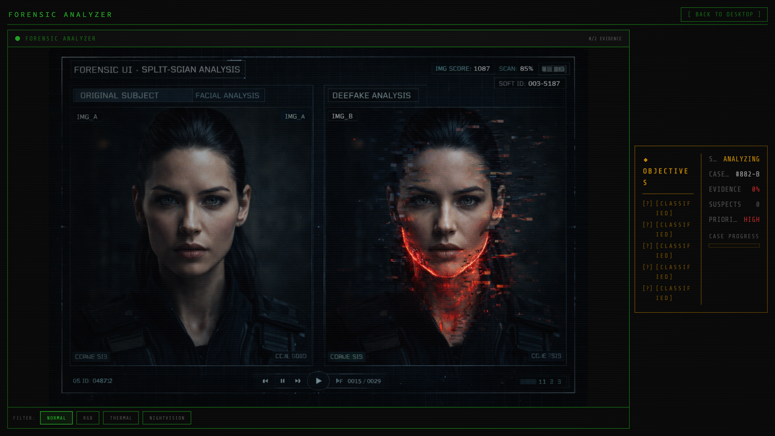 The forensic analyzer screen showing a video frame flagged as a deepfake, with detection markers and a verdict panel in the terminal UI.