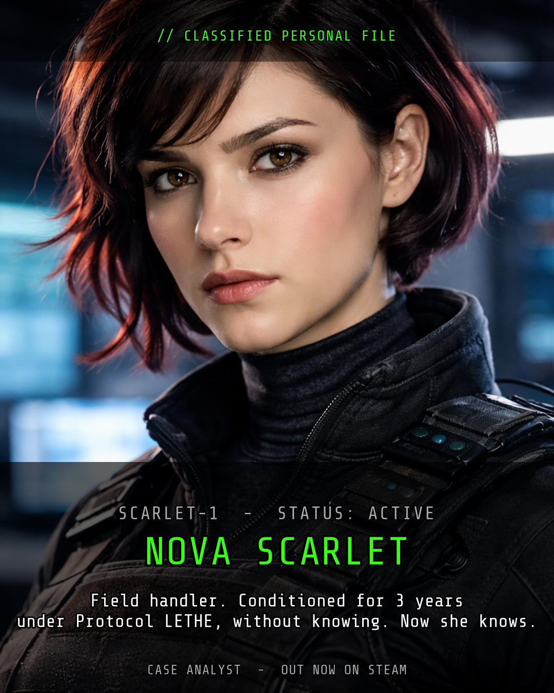 A classified personal file card for agent Nova Scarlet: a MidJourney portrait under a dark gradient, overlaid with monospaced green text reading NOVA SCARLET and a short dossier line, with a CASE ANALYST footer.