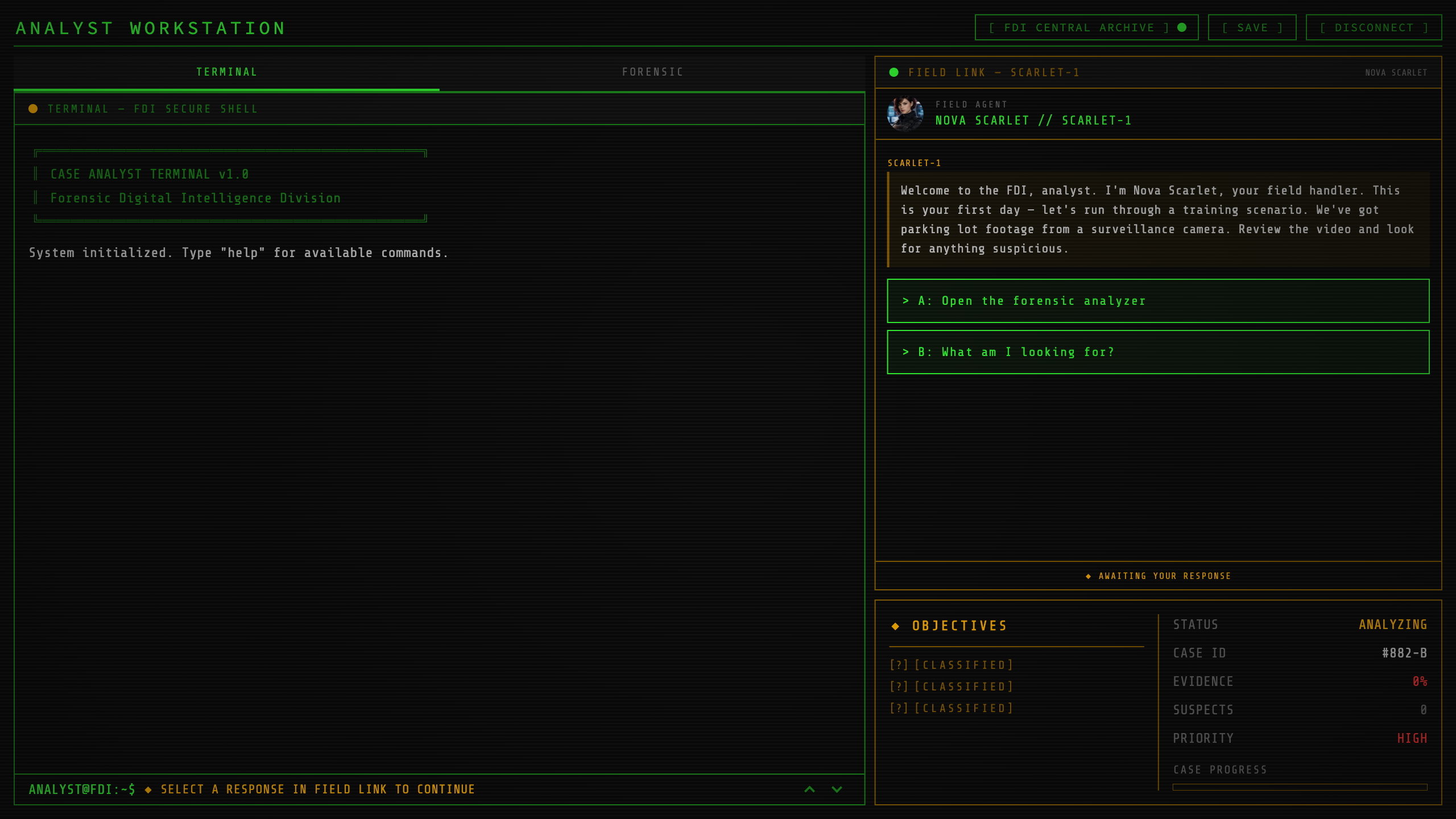 Case Analyst running on desktop in expanded layout, with terminal, forensic tools and dashboard side by side
