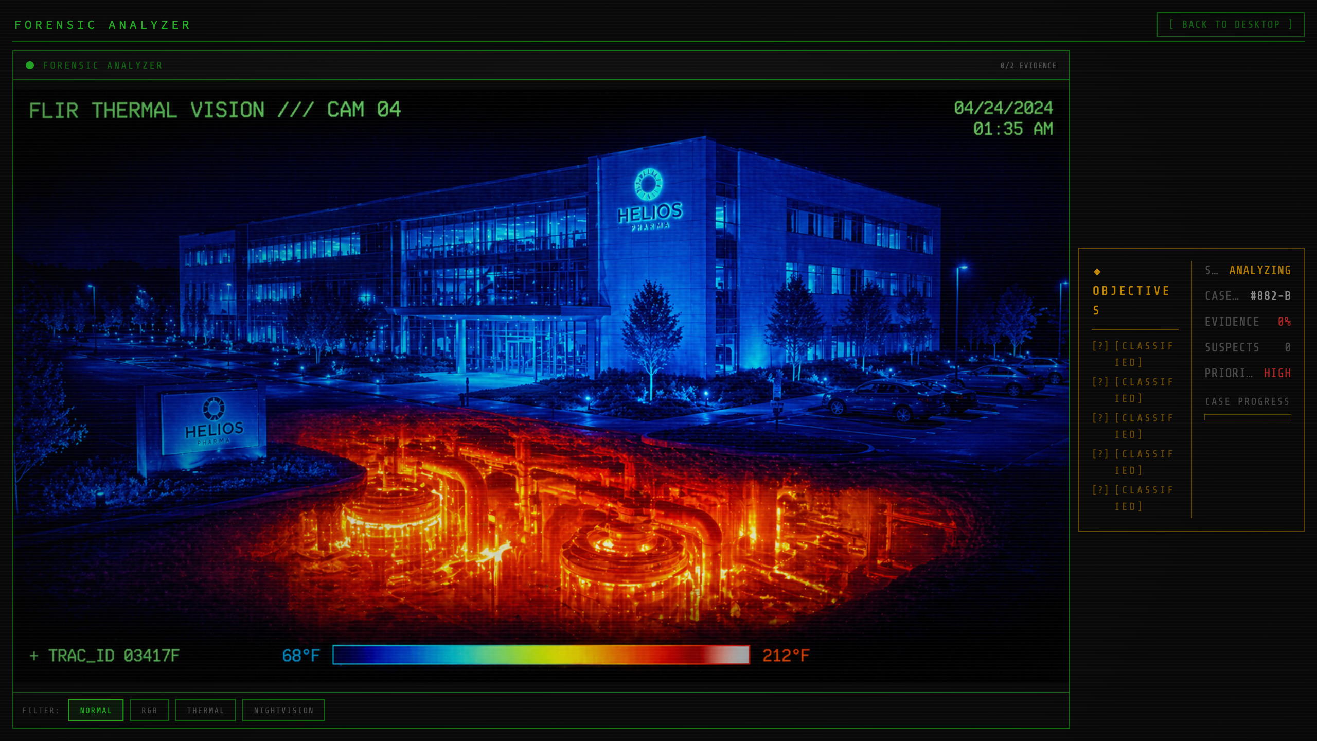 The same forensic scene under the THERMAL filter: warm subjects render in orange-red while the cold background collapses to flat blue.
