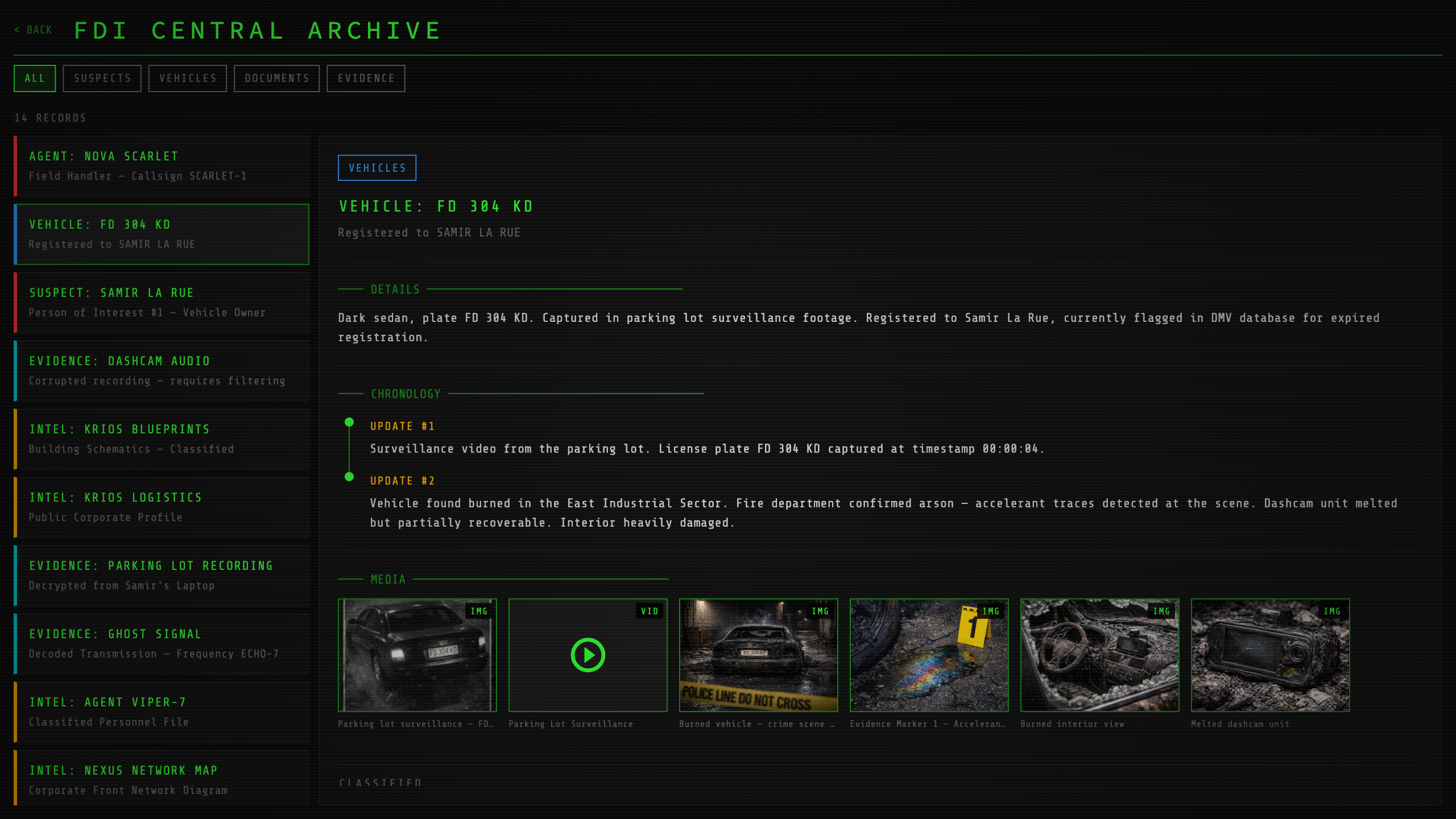 Case Analyst archive detail view showing a suspect dossier with photo, description and updates