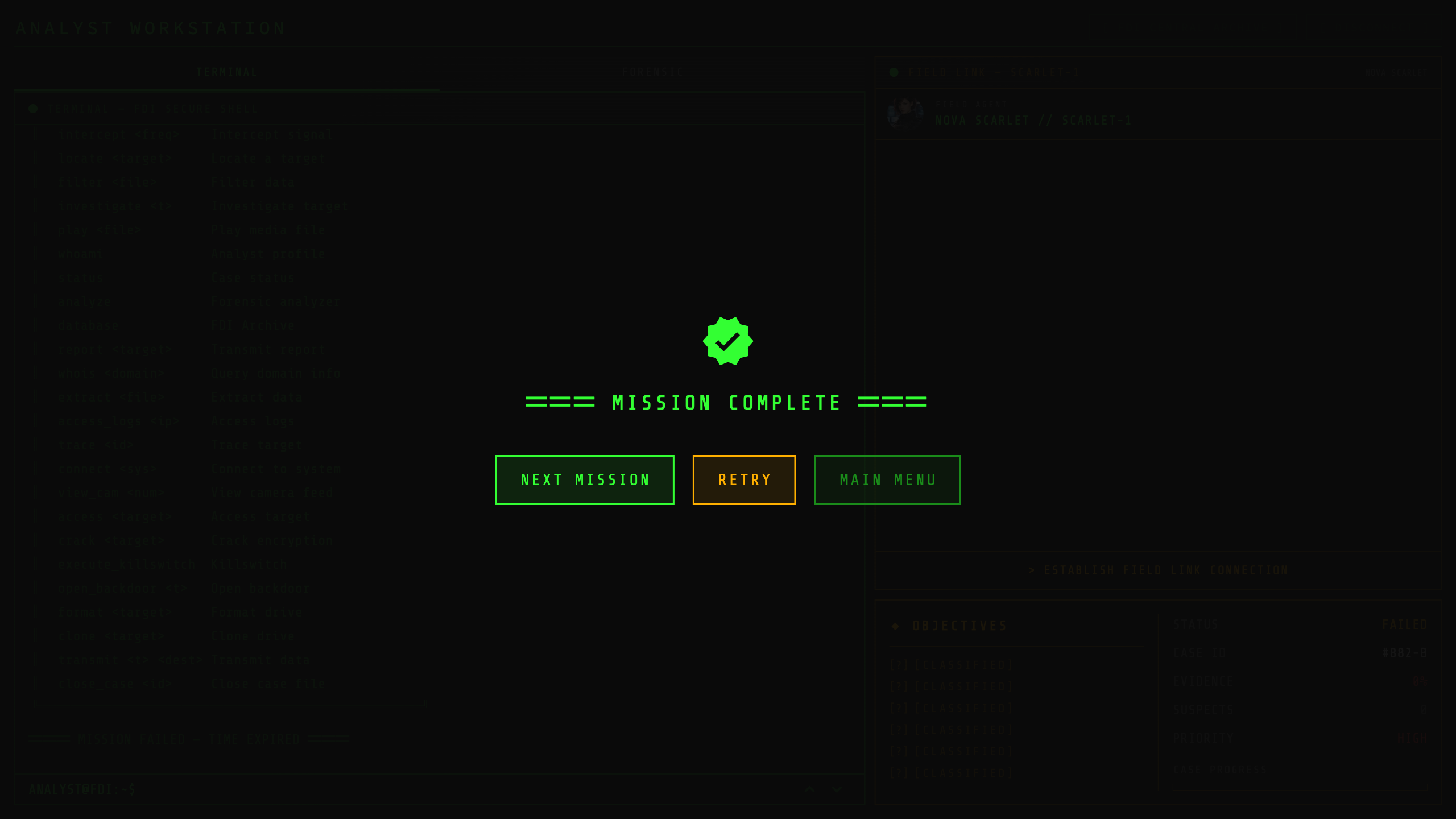 Case Analyst end-of-case screen showing a solved investigation summary in a cyberpunk terminal aesthetic