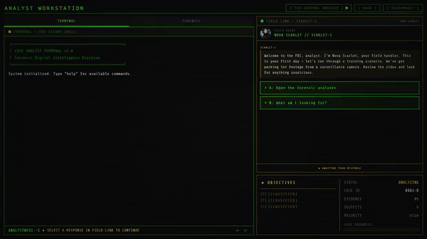 Montage of real Case Analyst gameplay: the analyst terminal, a rain-soaked cyberpunk alley, a burnt-out car behind police tape, a suspect's face, and the forensic analyzer's scan-line UI — all from the actual game.