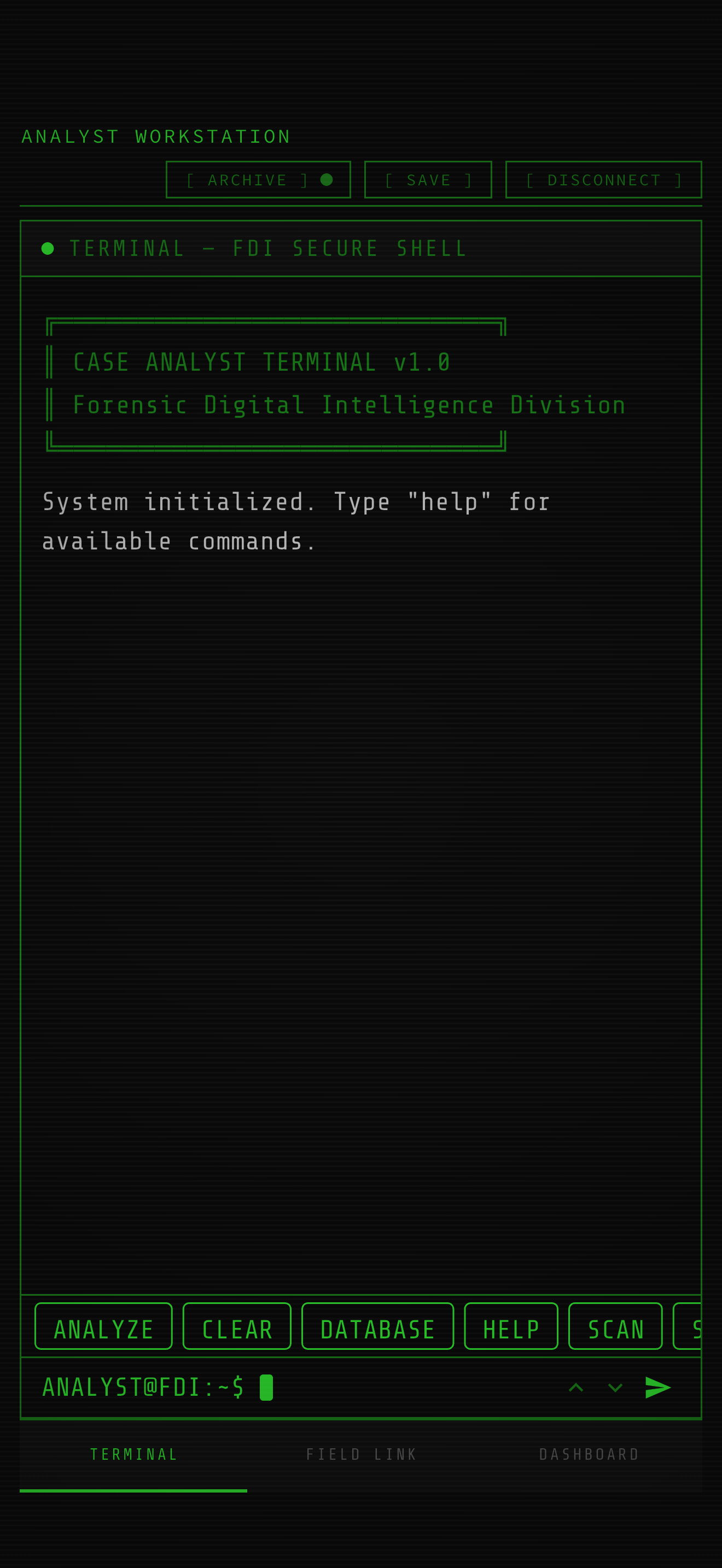 Case Analyst running on a phone, showing the analyst desktop with terminal and tool panels adapted to a narrow screen